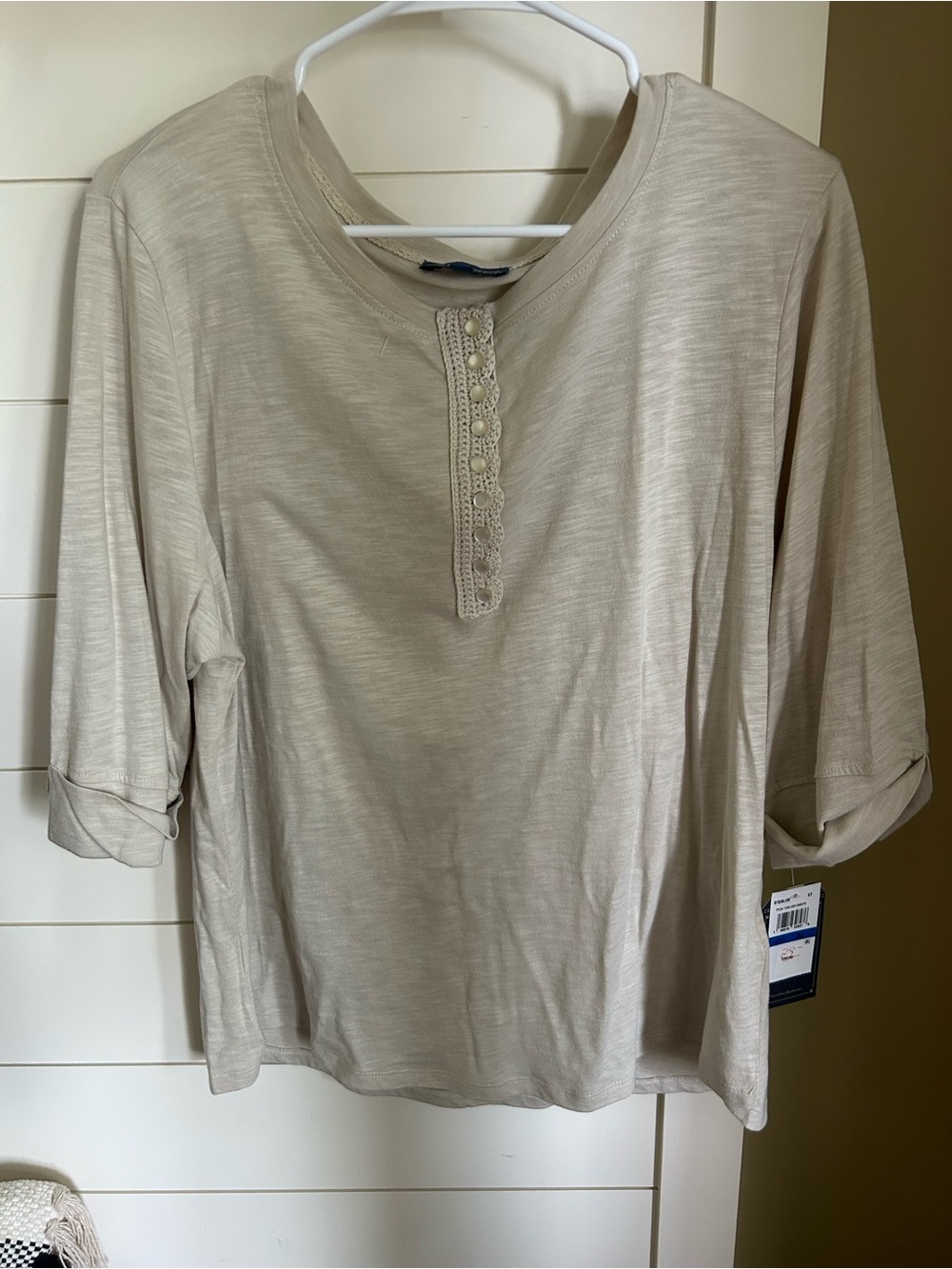 Democracy Beige Crochet-Trim Long Sleeve Tee